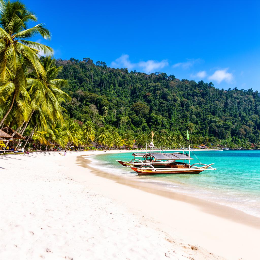 White sand beach with palms and traditional jukung boats
