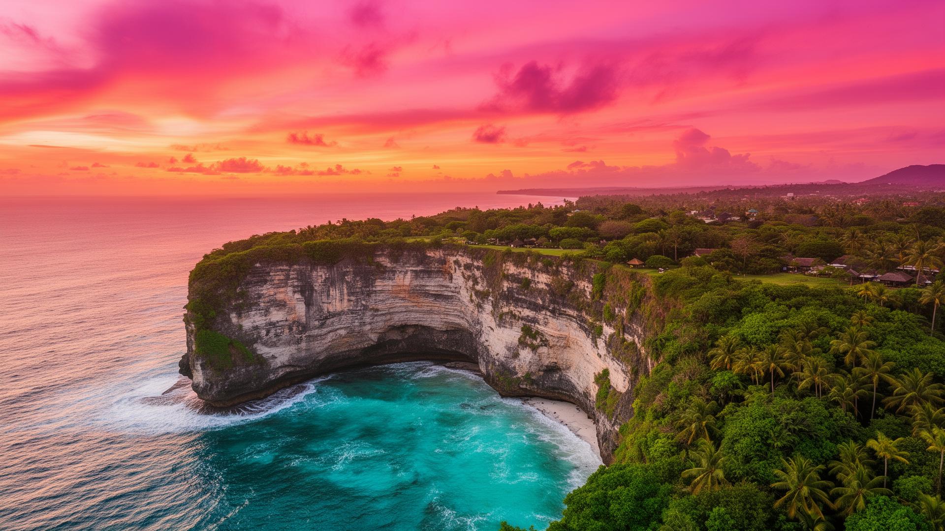 Pink and gold sunset over the cliffs of Uluwatu Bali