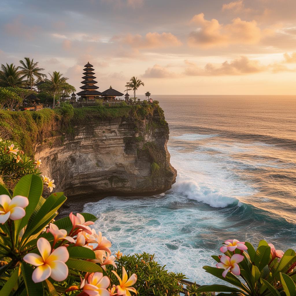Uluwatu cliff temple at sunset with frangipani flowers