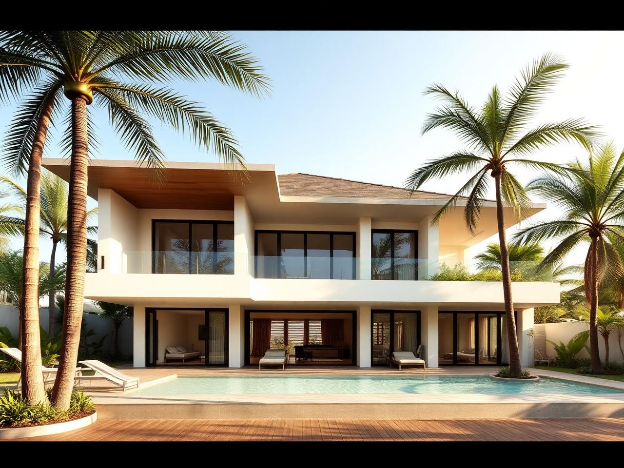Villa exterior with pool and palm trees